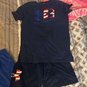 Youth Under Armour Dark Blue Tee and Shorts with Flag Logo